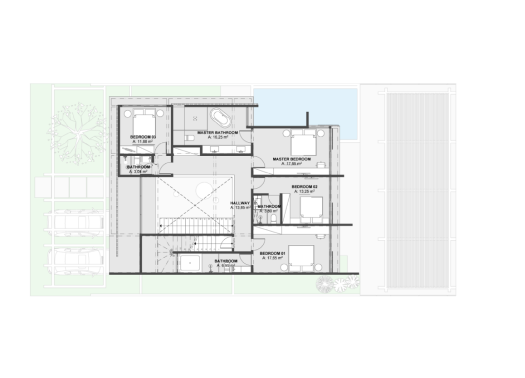 Upper floor plan for the beach villa with laggon view