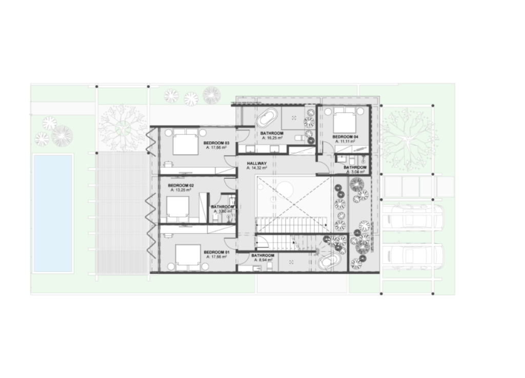 Upper floor plan for the beach villa with sea view